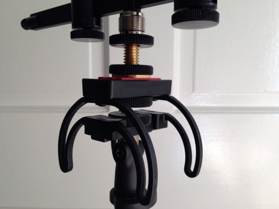 A 3/8 inch mic mount threading adapter allows me to eliminate the 20 mm Schoeps mounting adapter, saving 38 grams of weight